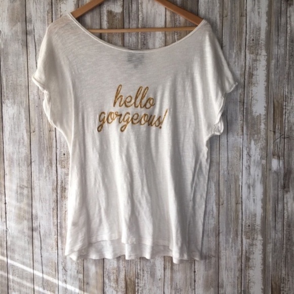 W5 Hello Gorgeous Gold Glitter White Tee - Picture 1 of 4